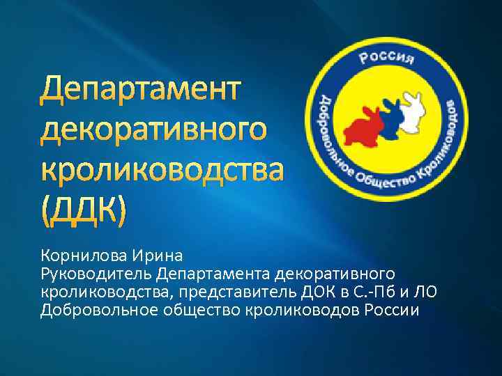 Департамент декоративного кролиководства (ДДК) Корнилова Ирина Руководитель Департамента декоративного кролиководства, представитель ДОК в С.