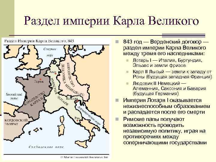 Раздел империи Карла Великого n 843 год — Верденский договор — раздел империи Карла