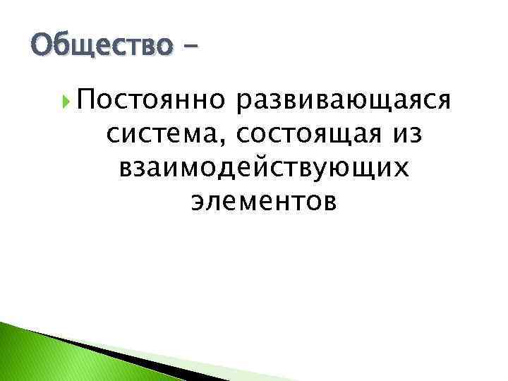 Общество Постоянно развивающаяся система, состоящая из взаимодействующих элементов 