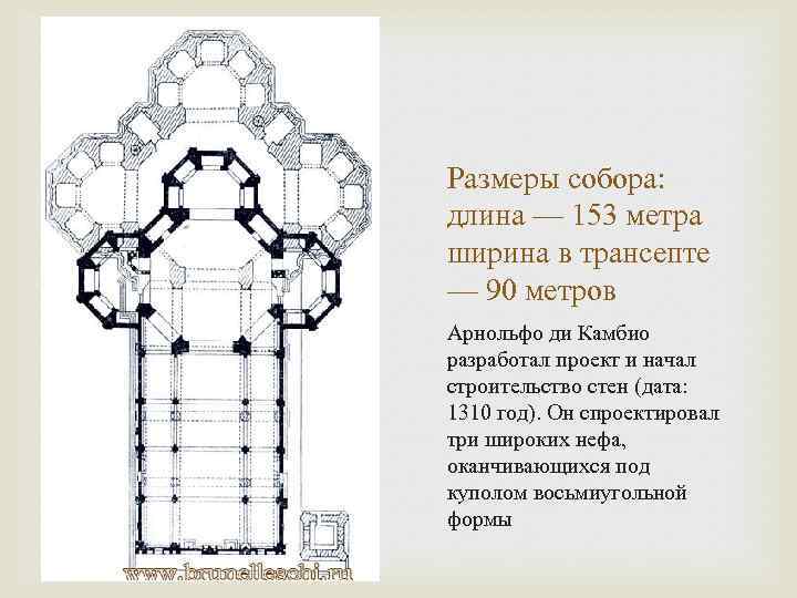 Размеры собора: длина — 153 метра ширина в трансепте — 90 метров Арнольфо ди