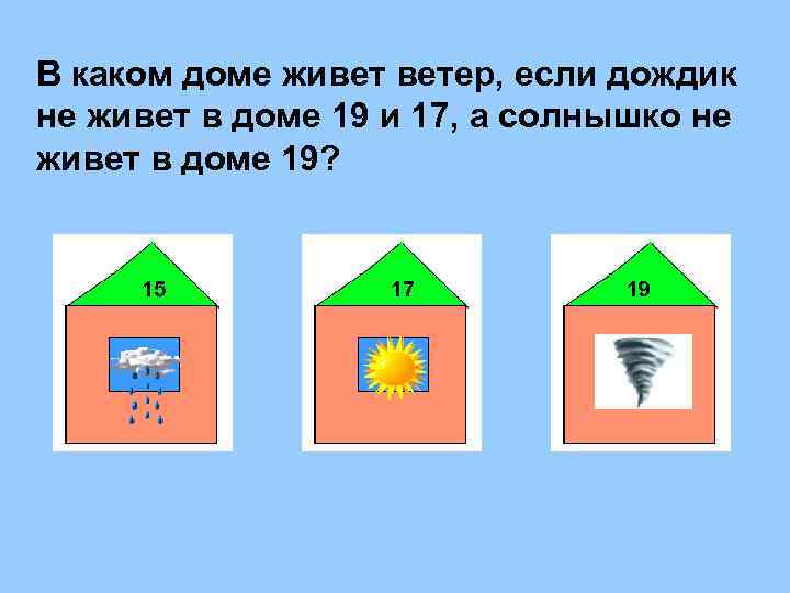 В каком доме живет ветер, если дождик не живет в доме 19 и 17,