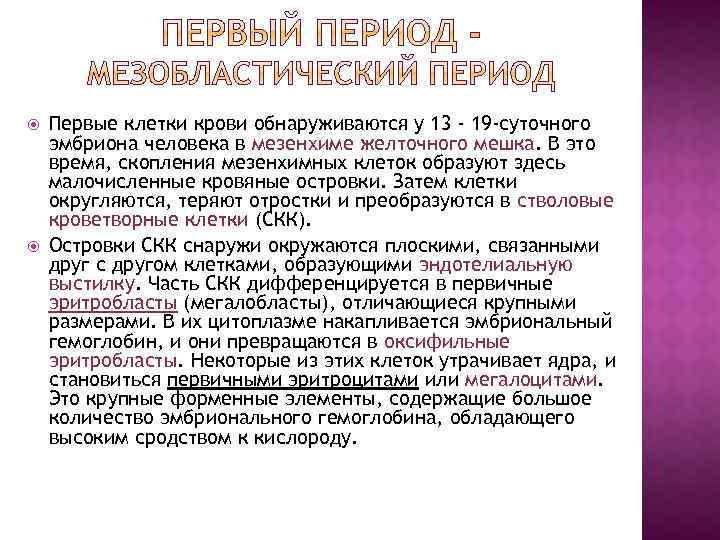  Первые клетки крови обнаруживаются у 13 - 19 -суточного эмбриона человека в мезенхиме