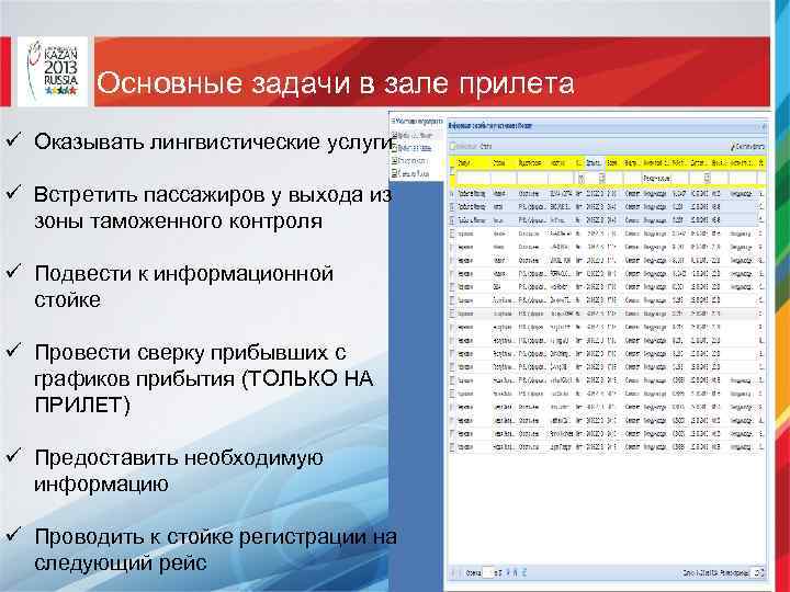 Основные задачи в зале прилета ü Оказывать лингвистические услуги ü Встретить пассажиров у выхода