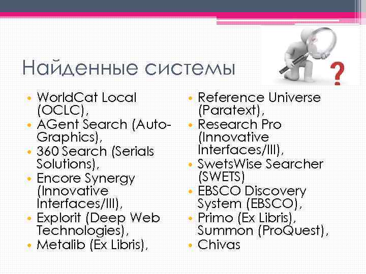 Найденные системы • World. Cat Local (OCLC), • AGent Search (Auto. Graphics), • 360