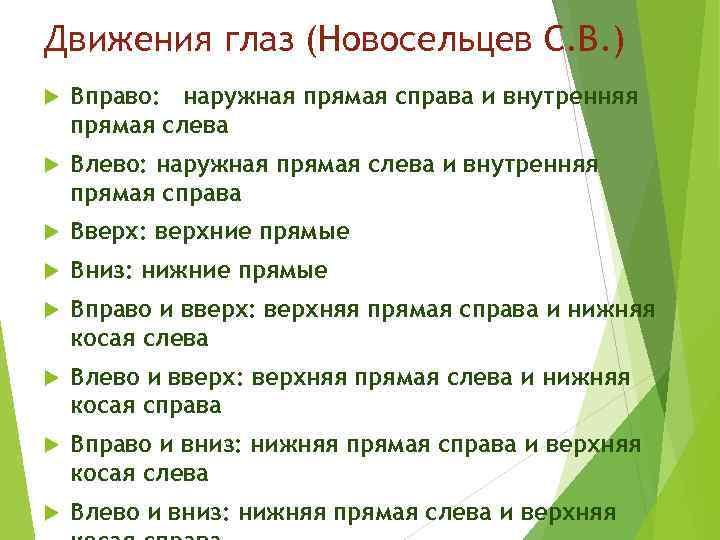 Движения глаз (Новосельцев С. В. ) Вправо: наружная прямая справа и внутренняя прямая слева