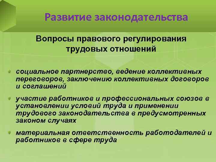 Развитие законодательства Вопросы правового регулирования трудовых отношений социальное партнерство, ведение коллективных переговоров, заключению коллективных