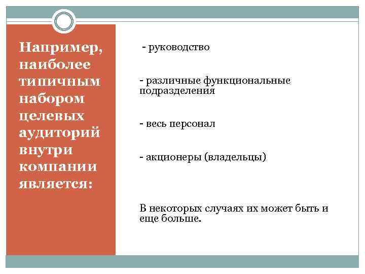 Например, наиболее типичным набором целевых аудиторий внутри компании является: - руководство - различные функциональные