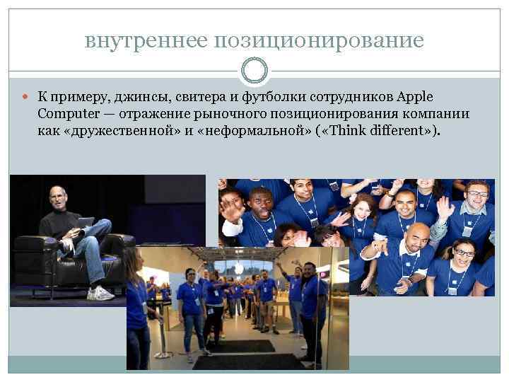 внутреннее позиционирование К примеру, джинсы, свитера и футболки сотрудников Apple Computer — отражение рыночного