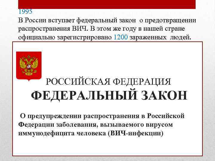 1995 В России вступает федеральный закон о предотвращении распространения ВИЧ. В этом же году