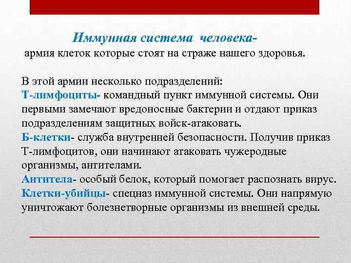 Иммунная система человекаармия клеток которые стоят на страже нашего здоровья. В этой армии несколько