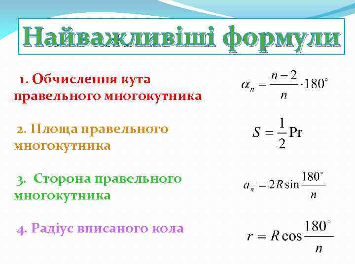 Найважливіші формули 1. Обчислення кута правельного многокутника 2. Площа правельного многокутника 3. Сторона правельного