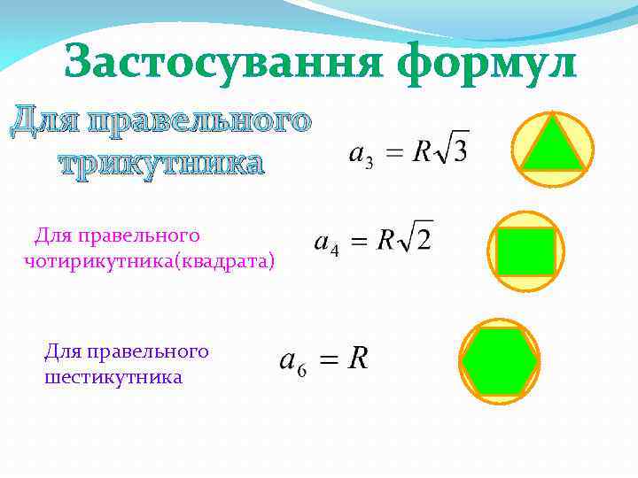 Застосування формул Для правельного трикутника Для правельного чотирикутника(квадрата) Для правельного шестикутника 