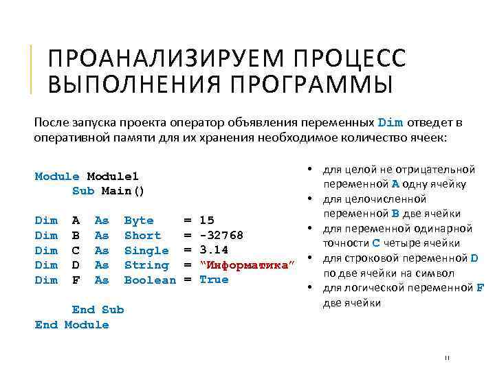 ПРОАНАЛИЗИРУЕМ ПРОЦЕСС ВЫПОЛНЕНИЯ ПРОГРАММЫ После запуска проекта оператор объявления переменных Dim отведет в оперативной