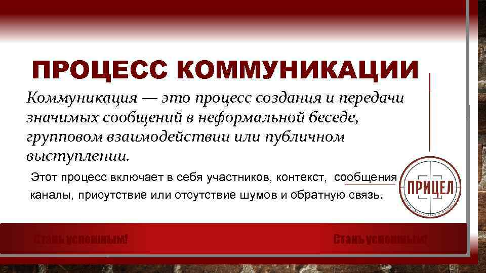 ПРОЦЕСС КОММУНИКАЦИИ Коммуникация — это процесс создания и передачи значимых сообщений в неформальной беседе,