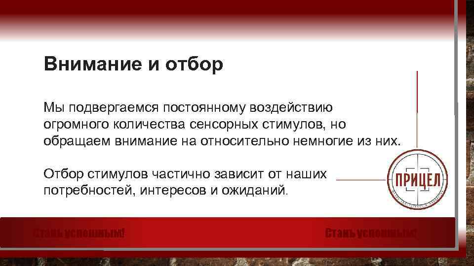 Внимание и отбор Мы подвергаемся постоянному воздействию огромного количества сенсорных стимулов, но обращаем внимание