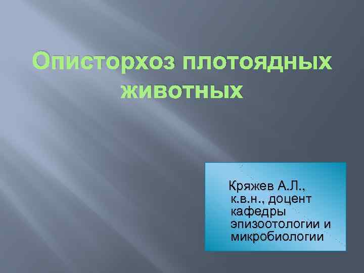 Описторхоз плотоядных животных Кряжев А. Л. , к. в. н. , доцент кафедры эпизоотологии