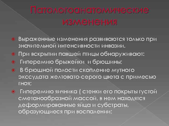 Патологоанатомические изменения Выраженные изменения развиваются только при значительной интенсивности инвазии. При вскрытии павшей птицы