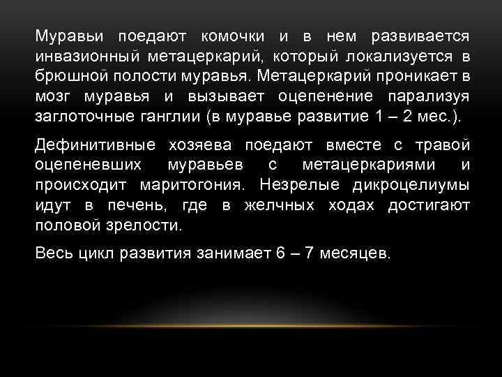 Муравьи поедают комочки и в нем развивается инвазионный метацеркарий, который локализуется в брюшной полости