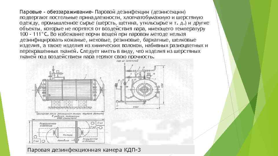 Паровые – обеззараживание- Паровой дезинфекции (дезинсекции) подвергают постельные принадлежности, хлопчатобумажную и шерстяную одежду, промышленное