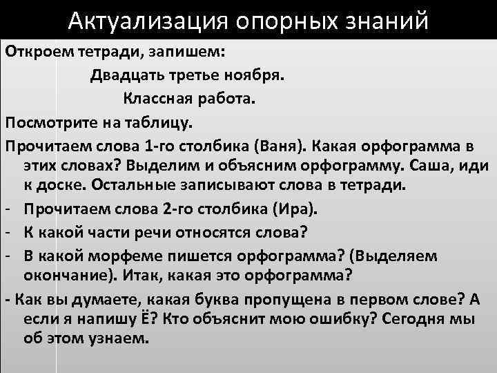 Актуализация опорных знаний Откроем тетради, запишем: Двадцать третье ноября. Классная работа. Посмотрите на таблицу.