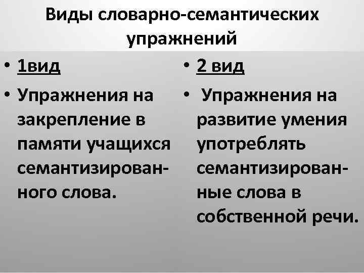 Виды словарно семантических упражнений • 1 вид • 2 вид • Упражнения на закрепление