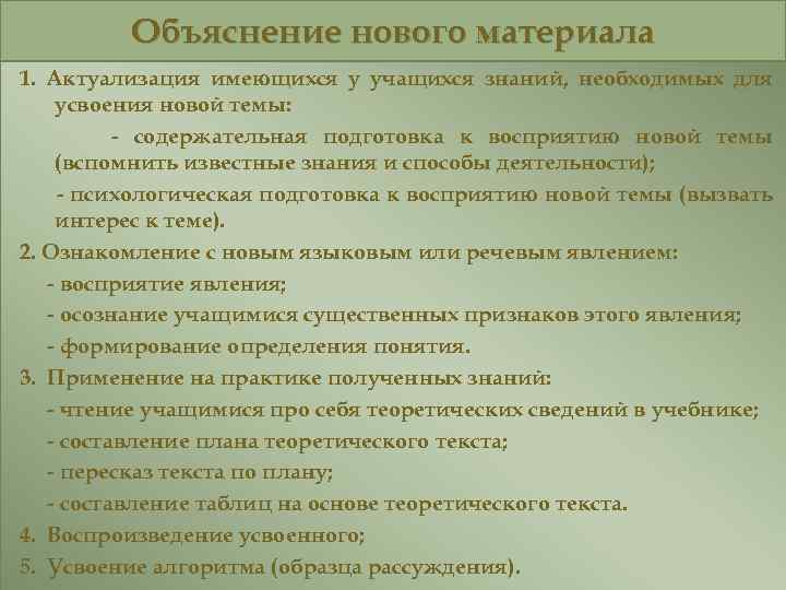 Объяснение нового материала 1. Актуализация имеющихся у учащихся знаний, необходимых для усвоения новой темы:
