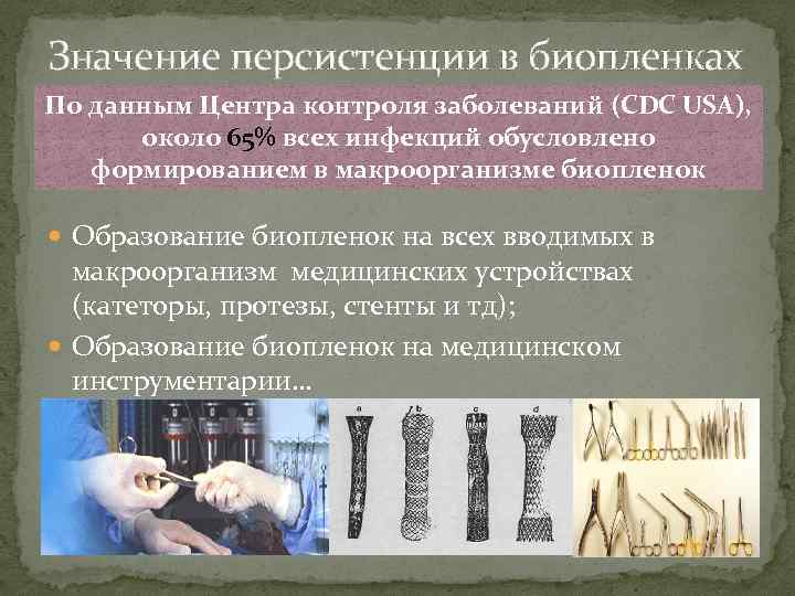 Значение персистенции в биопленках По данным Центра контроля заболеваний (CDC USA), около 65% всех