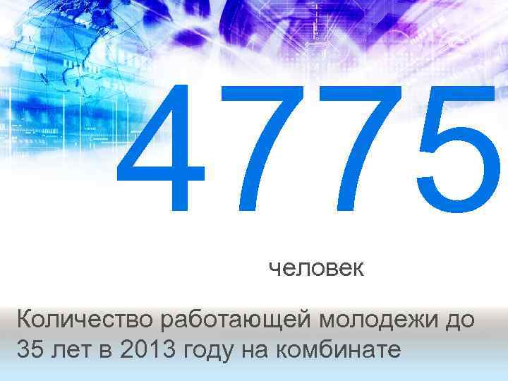 4775 человек Количество работающей молодежи до 35 лет в 2013 году на комбинате 