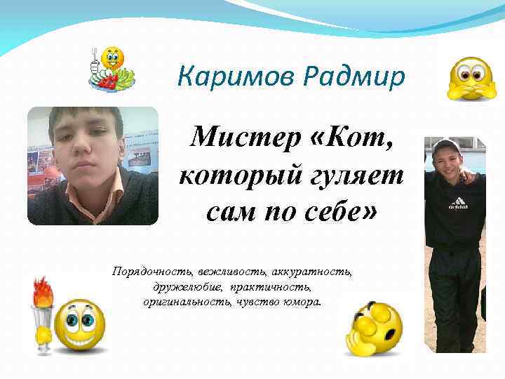 Каримов Радмир Мистер «Кот, который гуляет сам по себе» Порядочность, вежливость, аккуратность, дружелюбие, практичность,