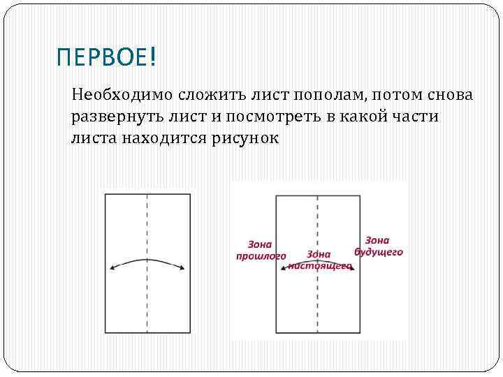 ПЕРВОЕ! Необходимо сложить лист пополам, потом снова развернуть лист и посмотреть в какой части