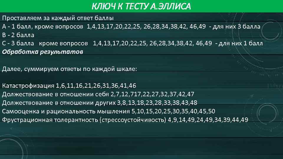 КЛЮЧ К ТЕСТУ А. ЭЛЛИСА Проставляем за каждый ответ баллы А - 1 балл,