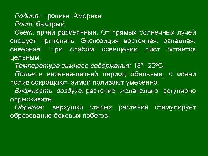 Родина: тропики Америки. Рост: быстрый. Свет: яркий рассеянный. От прямых солнечных лучей следует притенять.