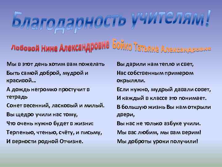 Мы в этот день хотим вам пожелать Быть самой доброй, мудрой и красивой… А