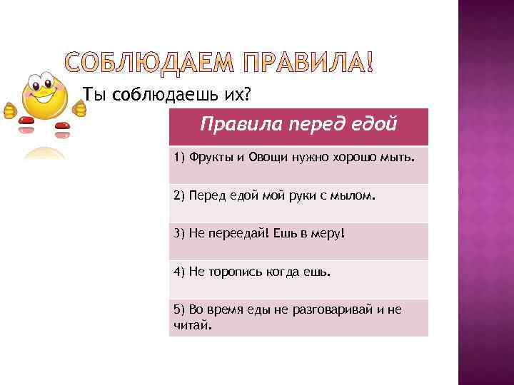 Ты соблюдаешь их? Правила перед едой 1) Фрукты и Овощи нужно хорошо мыть. 2)