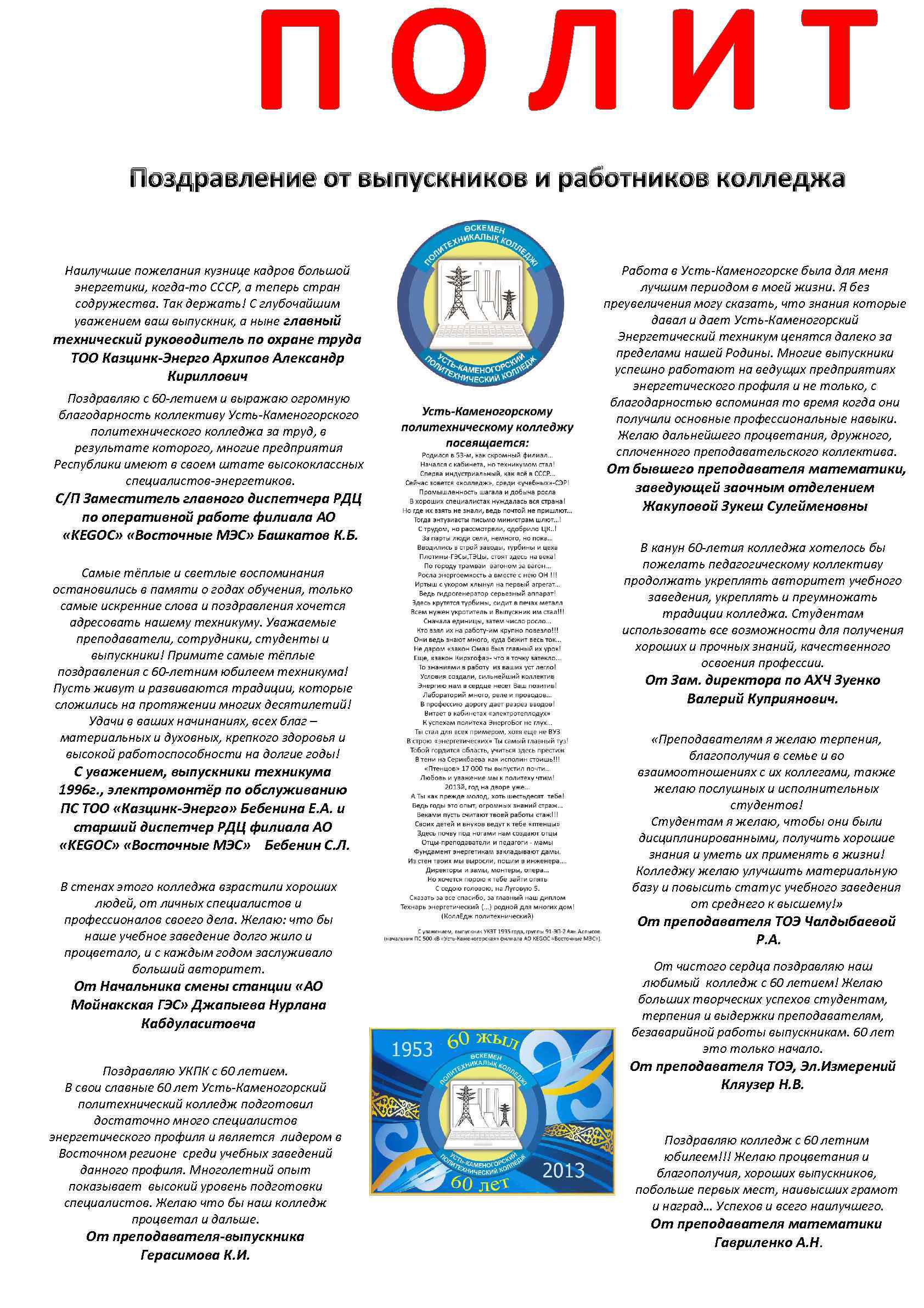 П О Л И Т Поздравление от выпускников и работников колледжа Наилучшие пожелания кузнице
