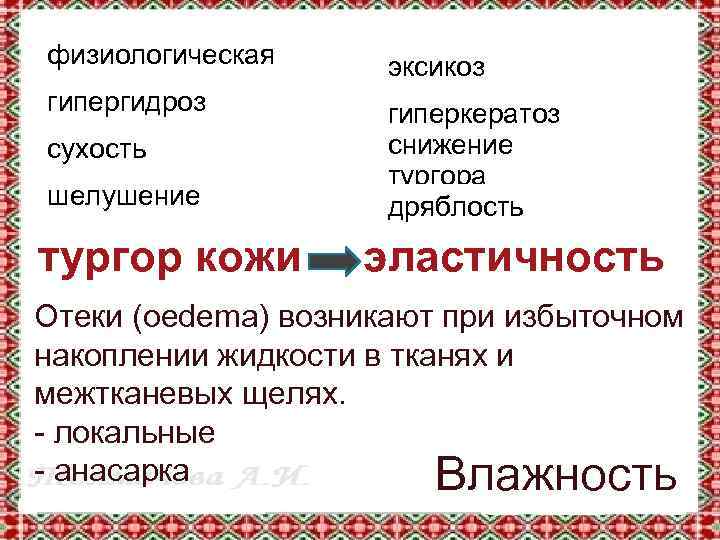 физиологическая эксикоз гипергидроз гиперкератоз снижение тургора дряблость сухость шелушение тургор кожи эластичность Отеки (oedema)