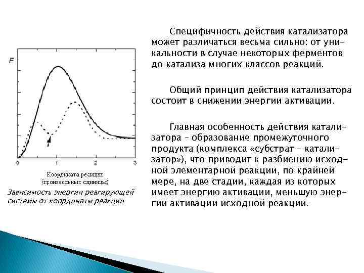 Специфичность действия катализатора может различаться весьма сильно: от уникальности в случае некоторых ферментов до