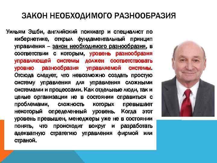 ЗАКОН НЕОБХОДИМОГО РАЗНООБРАЗИЯ Уильям Эшби, английский психиатр и специалист по кибернетике, открыл фундаментальный принцип