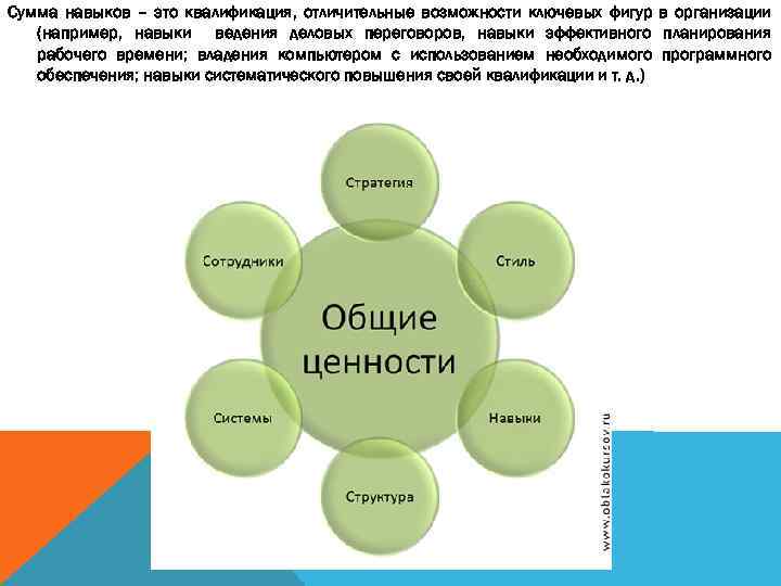 Сумма навыков – это квалификация, отличительные возможности ключевых фигур в организации (например, навыки ведения