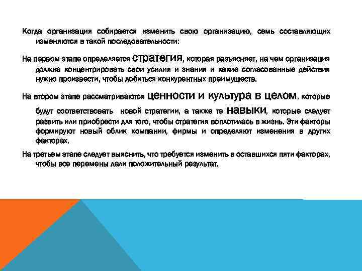 Когда организация собирается изменить свою организацию, семь составляющих изменяются в такой последовательности: На первом