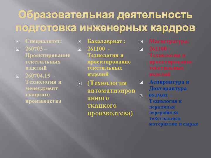 Образовательная деятельность подготовка инженерных кардров Специалитет: 260703 – Проектирование текстильных изделий 260704. 15 –