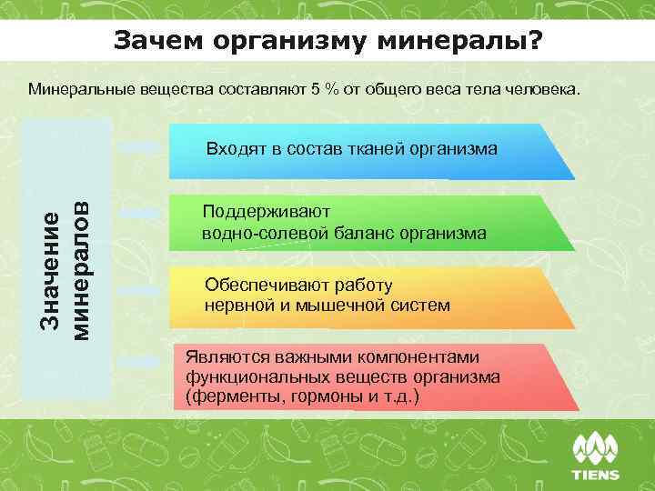 Зачем организму минералы? Минеральные вещества составляют 5 % от общего веса тела человека. Значение