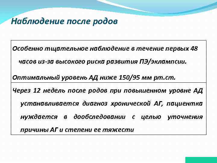 Наблюдение после родов Особенно тщательное наблюдение в течение первых 48 часов из-за высокого риска