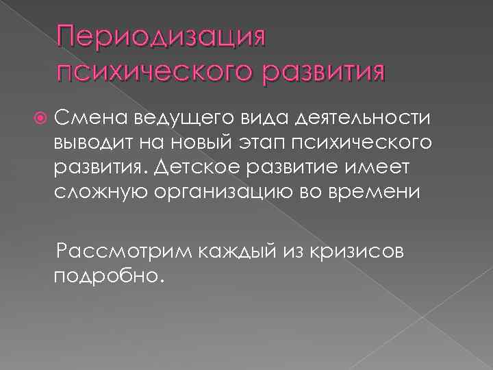 Периодизация психического развития Смена ведущего вида деятельности выводит на новый этап психического развития. Детское