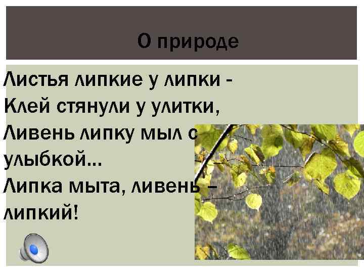 О природе Листья липкие у липки Клей стянули у улитки, Ливень липку мыл с