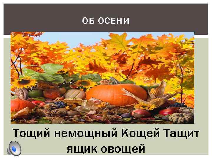 ОБ ОСЕНИ Тощий немощный Кощей Тащит ящик овощей 