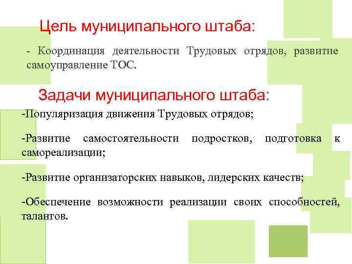 Цель муниципального штаба: - Координация деятельности Трудовых отрядов, развитие самоуправление ТОС. Задачи муниципального штаба: