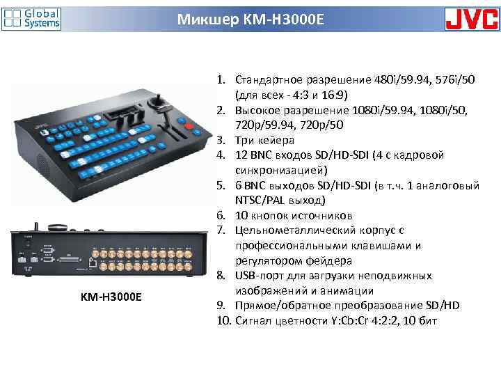 Микшер KM-H 3000 E 1. Стандартное разрешение 480 i/59. 94, 576 i/50 (для всех