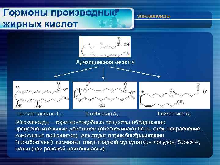 Гормоны производные жирных кислот эйкозаноиды Арахидоновая кислота Простагландины Е 1 Тромбоксан А 2 Лейкотриен