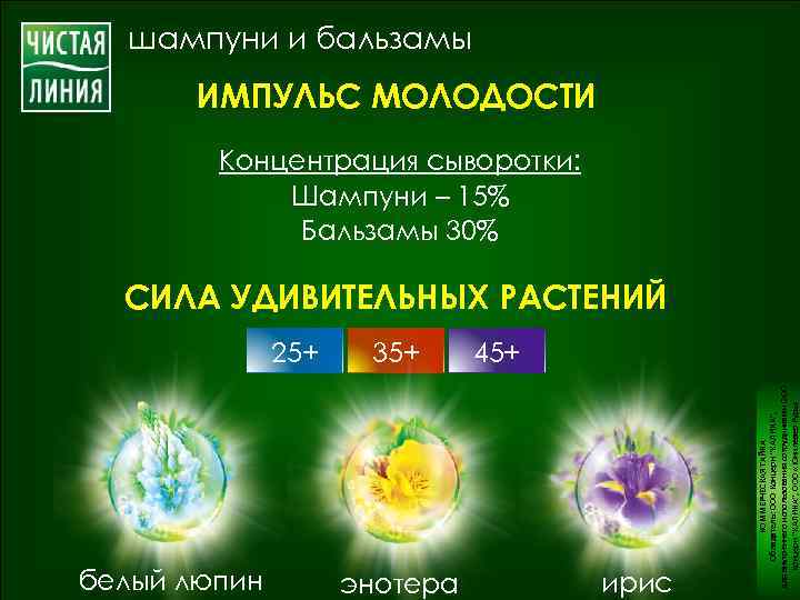 шампуни и бальзамы ИМПУЛЬС МОЛОДОСТИ Концентрация сыворотки: Шампуни – 15% Бальзамы 30% СИЛА УДИВИТЕЛЬНЫХ